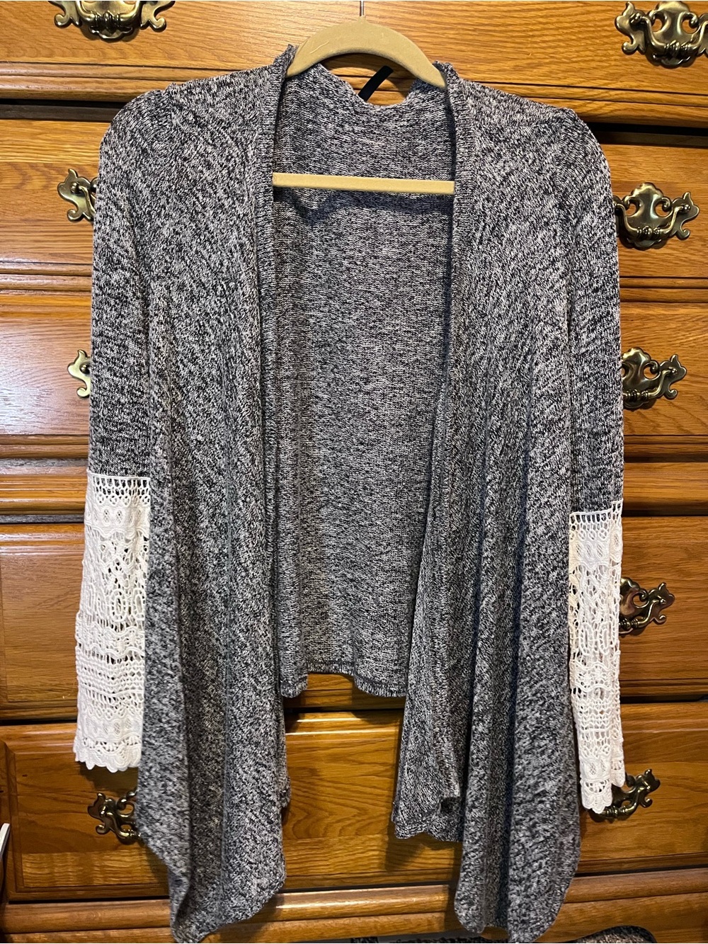 Open-Front Gray Crochet-Sleeve Women's Sweater Cardigan